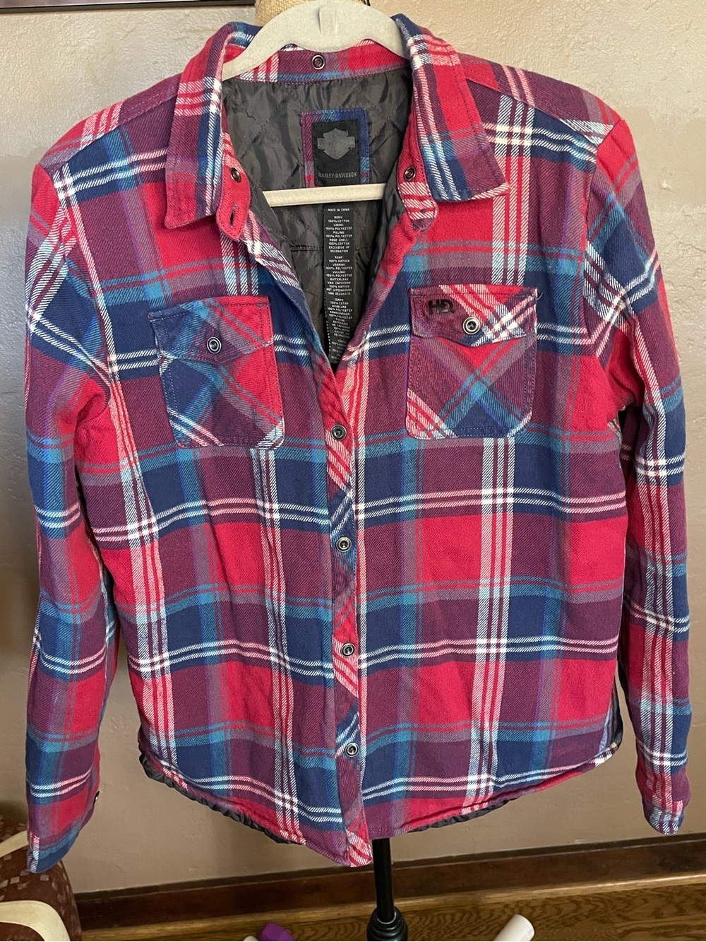 Harley-Davidson Plaid Flannel Red Blue Jacket with Quilted liner 1X